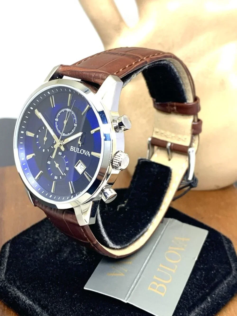Bulova Men's Watch 96B402 Chronograph Quartz Blue Dial Brown Leather Strap 41mm